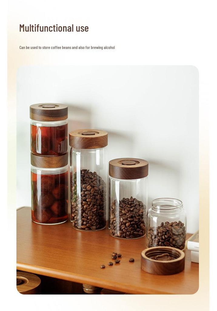 Coffee Bean Sealed Glass Jar with One-Way Valve, Wooden Lid - for Coffee, Tea, and Dried Goods Storage
