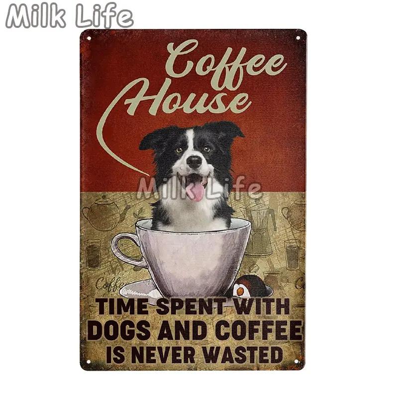 Metal Tin Sign Vintage Funny Border Collie Dog for Coffee Bathroom Toilet Pet Shop Home Sweet Home Sign Bedroom Art Wall Decor