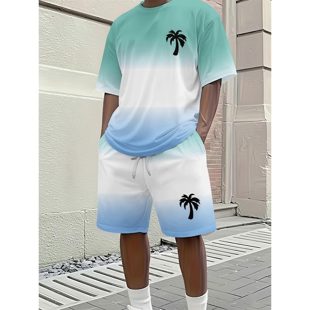 Men s Summer Casual Set, Gradient Coconut Tree Printed Short Sleeve Set 2XS