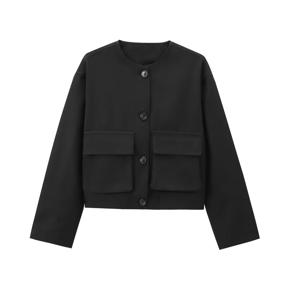 Cross-border Wholesale Foreign Trade Women's Clothing 2025 European and American New Fashion Loose Round Neck Pocket Decoration Long-sleeved Short