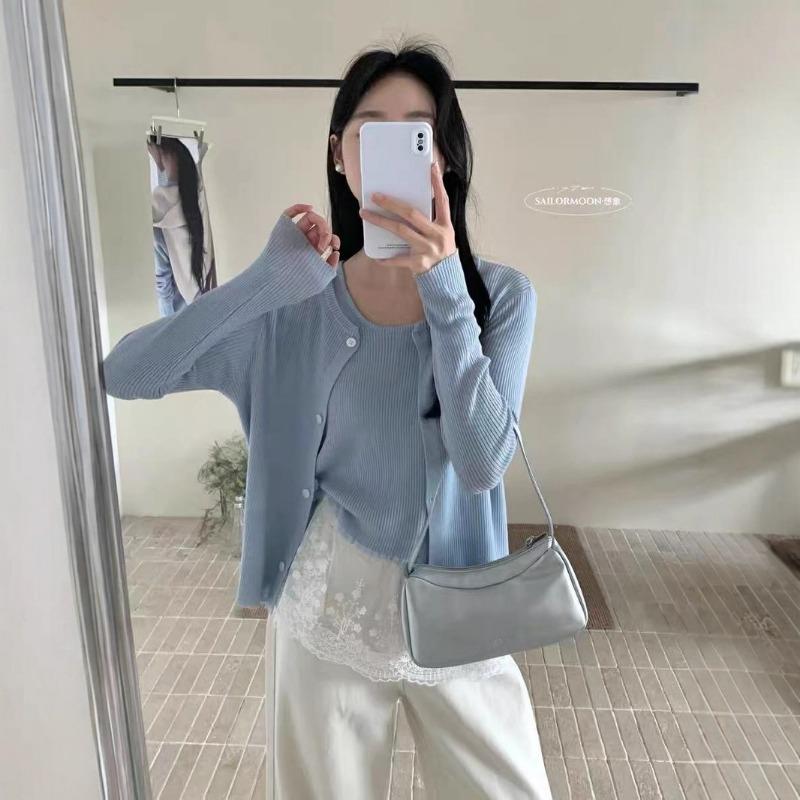 Autumn and winter new gentle wind sweet knitted sweater cardigan + lace splicing lace vest two-piece set for women