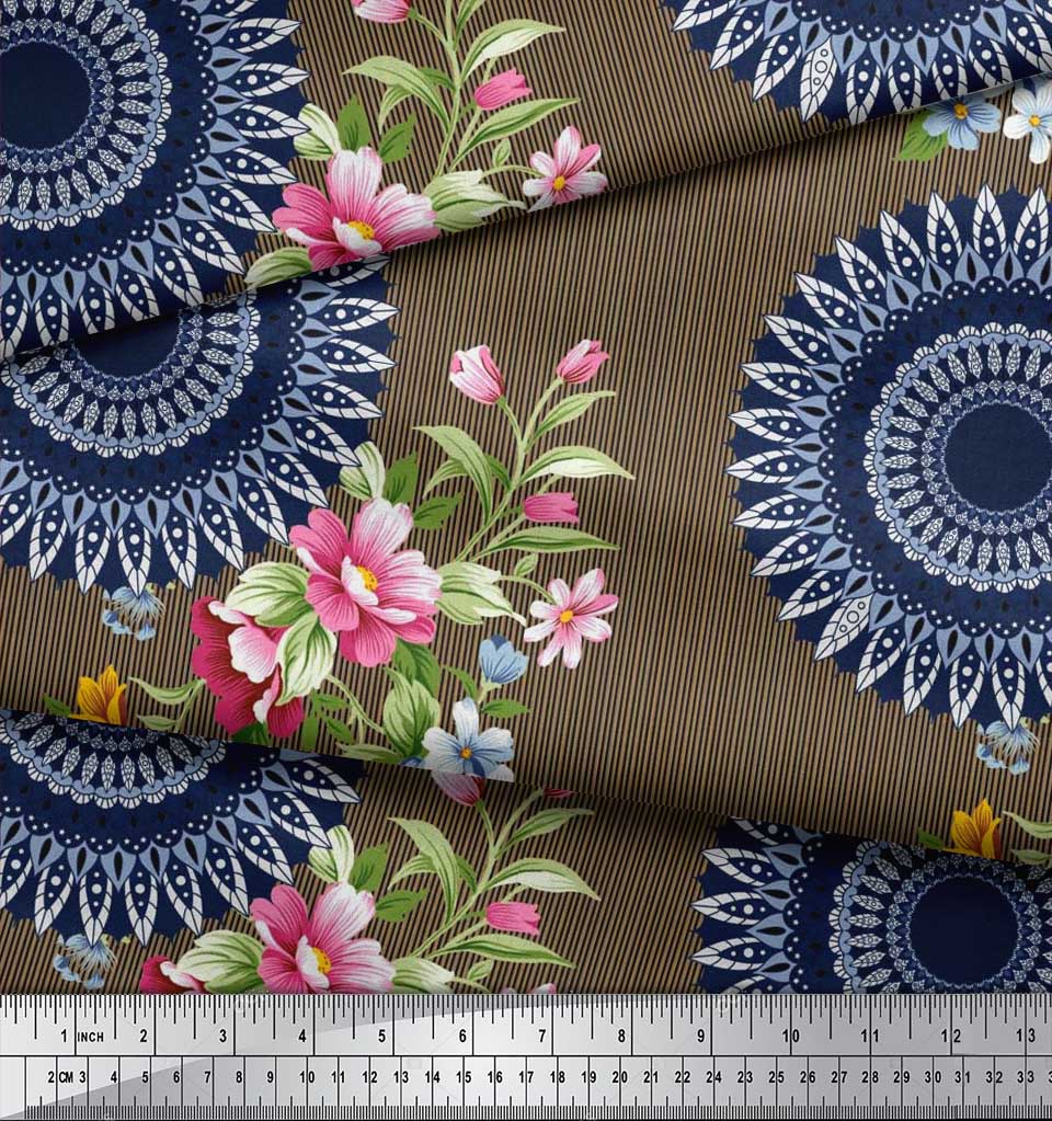 Soimoi Brown Poly Crepe Fabric Stripe|Floral & Mandala Print Sewing Fabric BTY 42 Inch