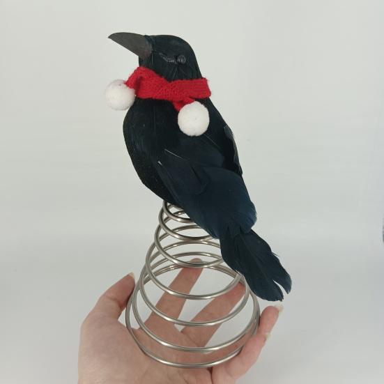 Halloween Crow Tree Topper Mini Crow Treetop Ornaments with Red Scarf And Fuzzy Pompom Ball for Christmas Halloween Party Supplies