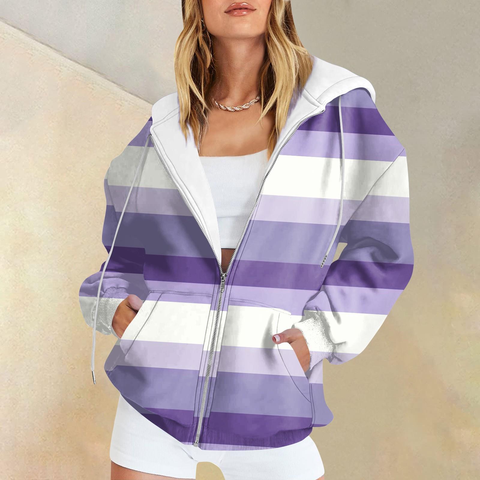 

Женские повседневные модные полосатые пуловеры с принтом и длинными рукавами, толстовки на молнии, пальто L фиолетовый