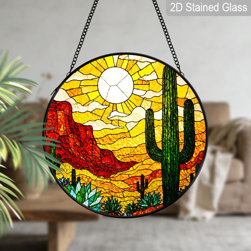 1pc 2D Flat Cactus Stained Glass Suncatcher, 6.3/7.87 Inch Desert Cactus Stained Glass Suncatcher, Southwestern Window Hanging Decor, Sunset Desert