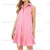 Summer new solid color lapel sleeveless nail buckle open chest pleated ruffle edge dress short skirt women