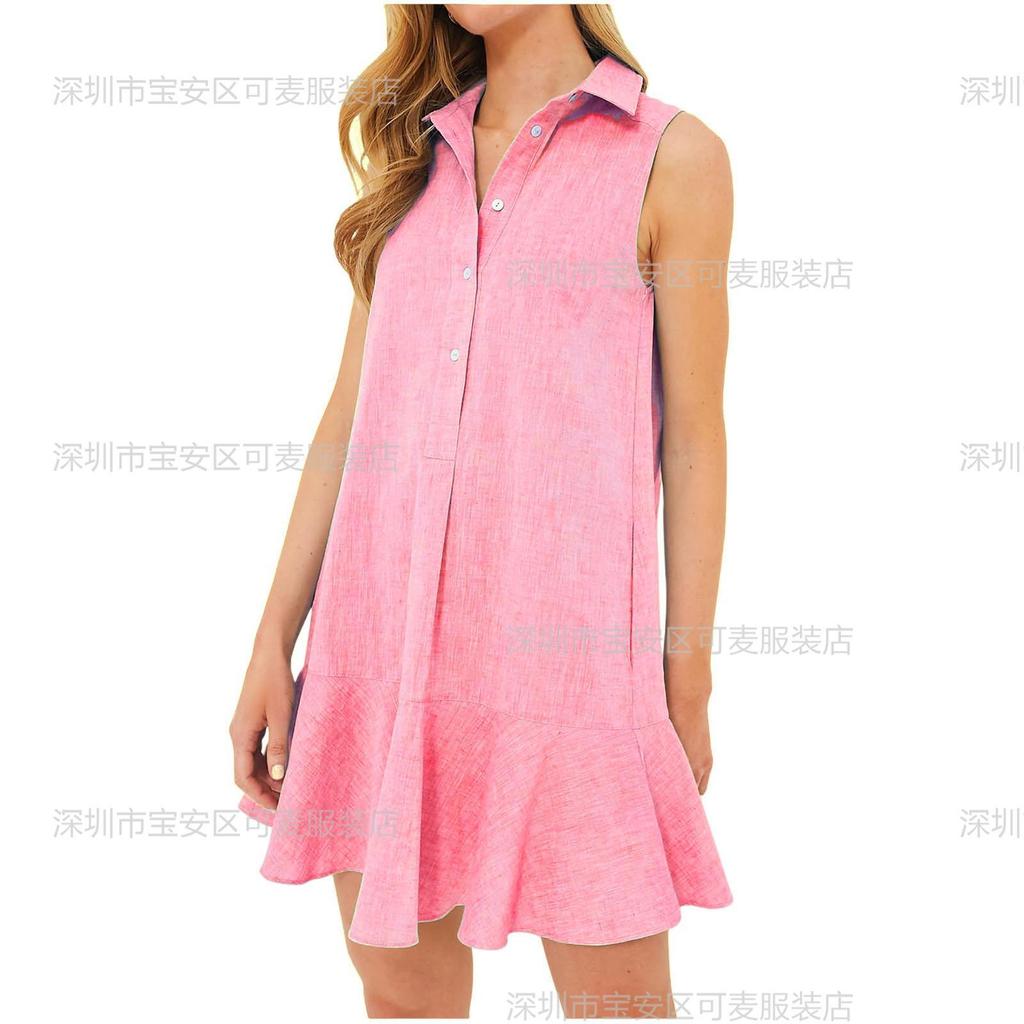 Summer new solid color lapel sleeveless nail buckle open chest pleated ruffle edge dress short skirt women