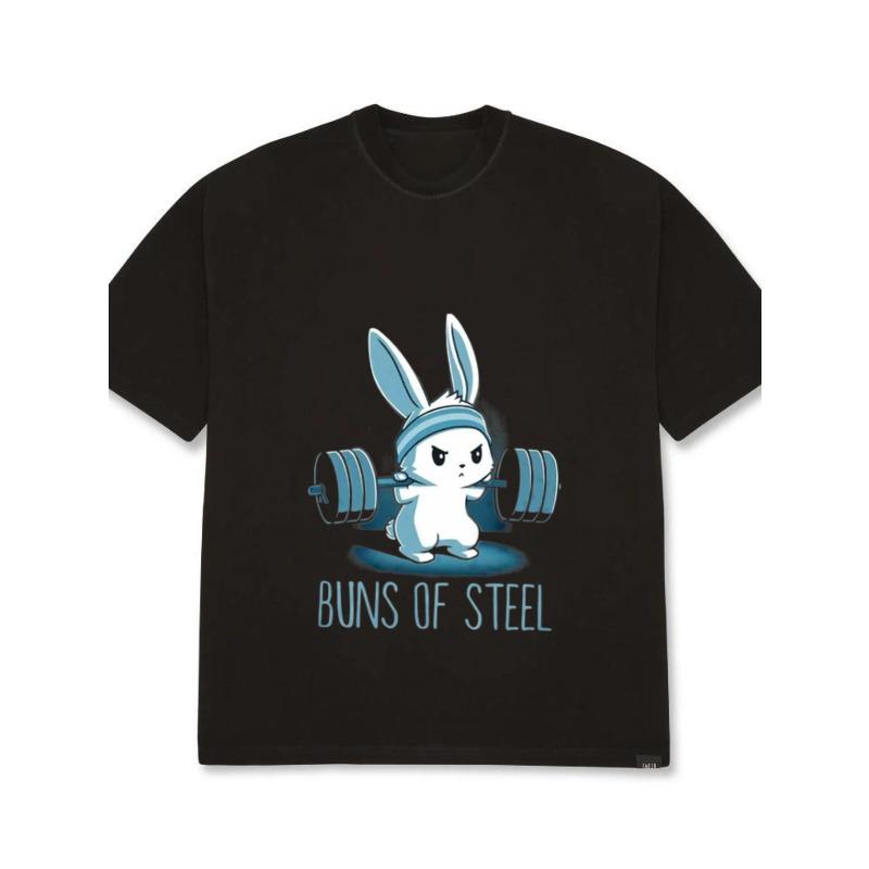 Men's Oversized T-Shirt Black Bunny Lifting Dumbbells Buns of Steel Print Gym Fitness Workout Casual Wear