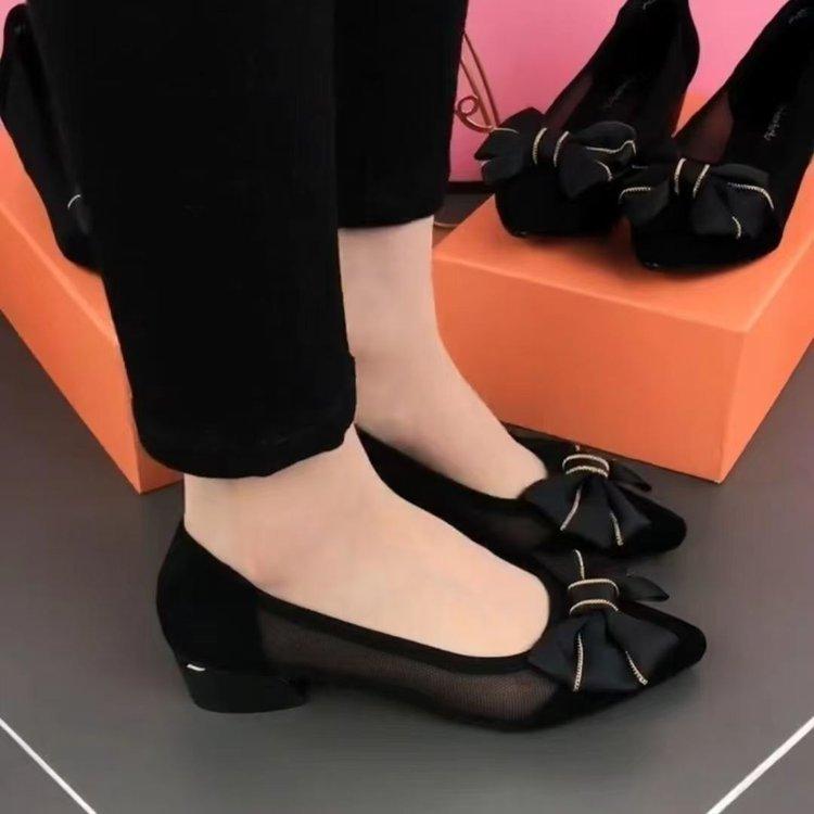 Mesh single shoes women's low heel versatile hollow mesh women's shoes 2025 spring and summer new pointed thick heel sandals simple