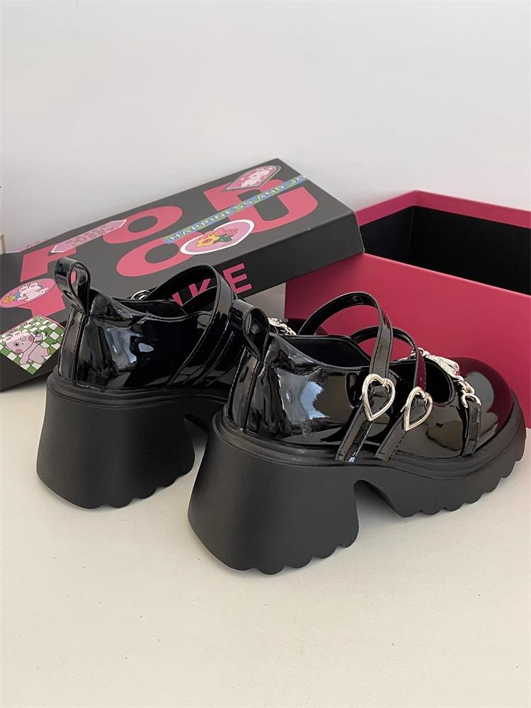 Spring 2025 Dark Style Mary Jane Shoes: Sweet Heart Design, Thick Soles, Height-Increasing, Leather.