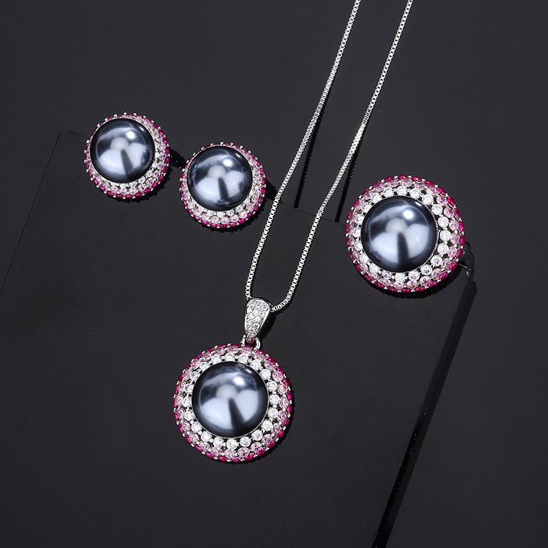 Jewelry Copper Bottom Gold-Plated Simulation Color Treasure Inlaid Gray Pearl Jumping Color Three-Piece Set Women 14-12Mm
