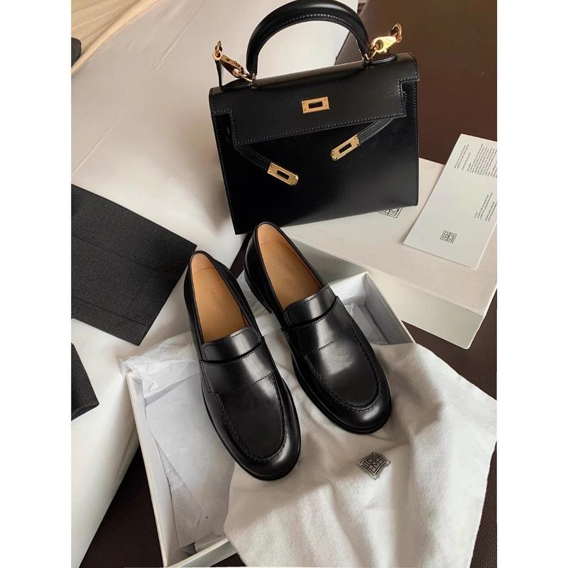 Cowhide version~ Genuine leather handmade British style small leather shoes women's thick heel flat-soled retro single shoes one pedal loafers