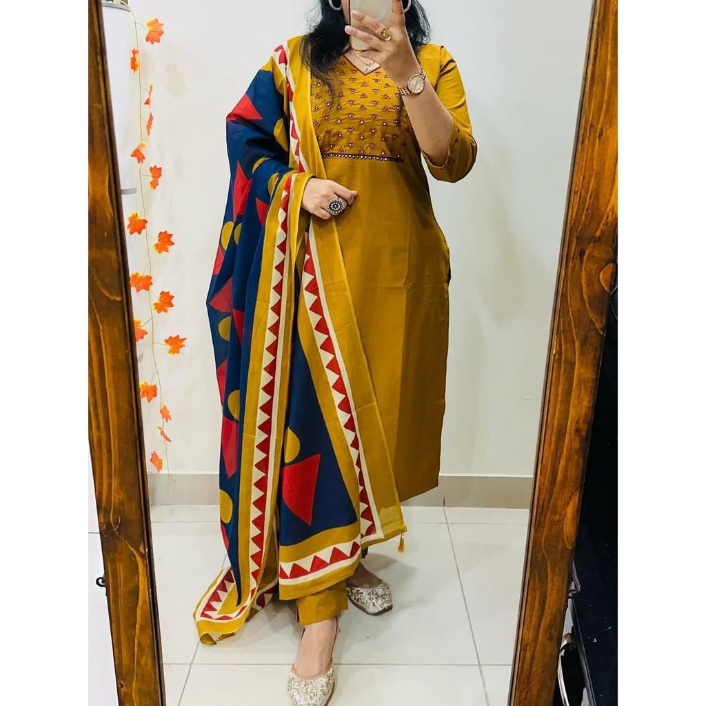 Heavy Cotton Pakistani Kurti Pant Dupatta Set Designer Bollywood Ethni Kurta Set
