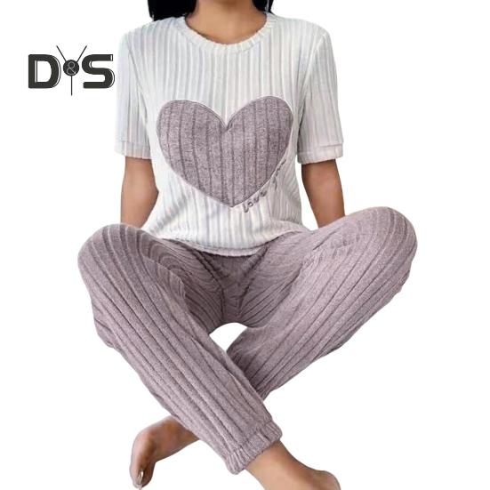 

Жіночий зимовий піжамний комплект із 2 шт., круглим вирізом, візерунком у вигляді сердечка, короткими рукавами, комплект домашнього одягу, верхніх штанів, вільного одягу для відпочинку, комплект нічного одягу для жінок. XL світло-фіолетового кольору