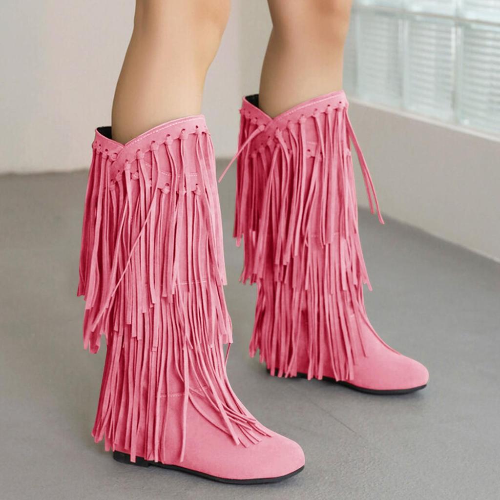 Boots Women Mid Calf With Heel Women'S Winter Chunky Heel Fringe Boots Inside Booster Mid Faux Leather Western Boots