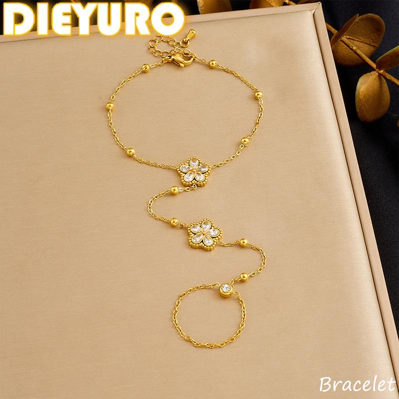 DIEYURO 316L Stainless Steel Exquisite Zirconia Flower Fashion Finger Bracelet For Women Trend Non-fading Hand Chain Jewelry
