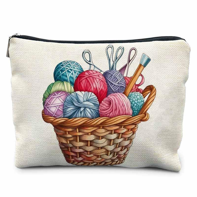 Creative Sewing Theme Print Makeup Bag Polyester Zipper Pouch Button Yarn Cat Pattern Organizer for Travel Daily Use 21.5x15cm
