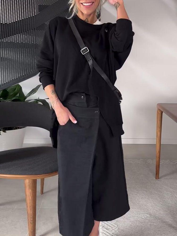 2025 Women's Loose Round Neck Long Sleeve Solid Color Slit Sweatshirt