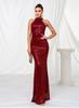 Autumn new product fashion neck sexy crystal chain hip wrap sequins European and American dress mid waist evening dress