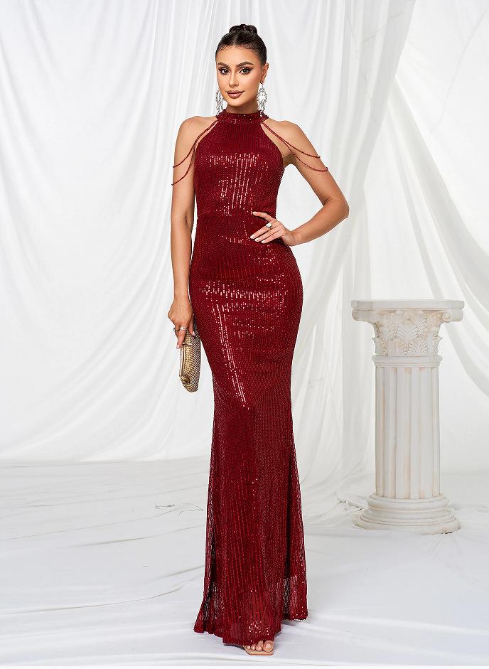 Autumn new product fashion neck sexy crystal chain hip wrap sequins European and American dress mid waist evening dress