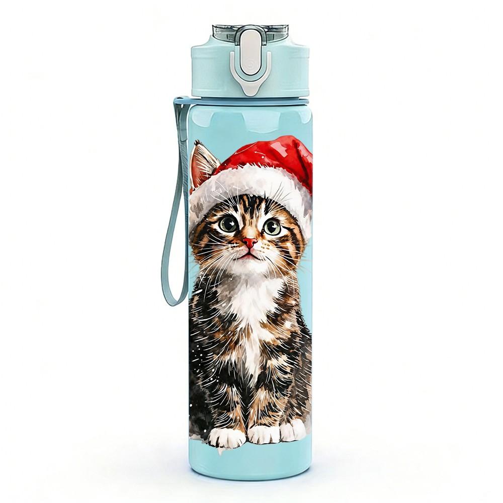 1PC Cat Wear Santa Hat 750ml Color Plastic Sports Water Bottle Leakproof Flip Straw Lid Suitable for Sports Office Home Use