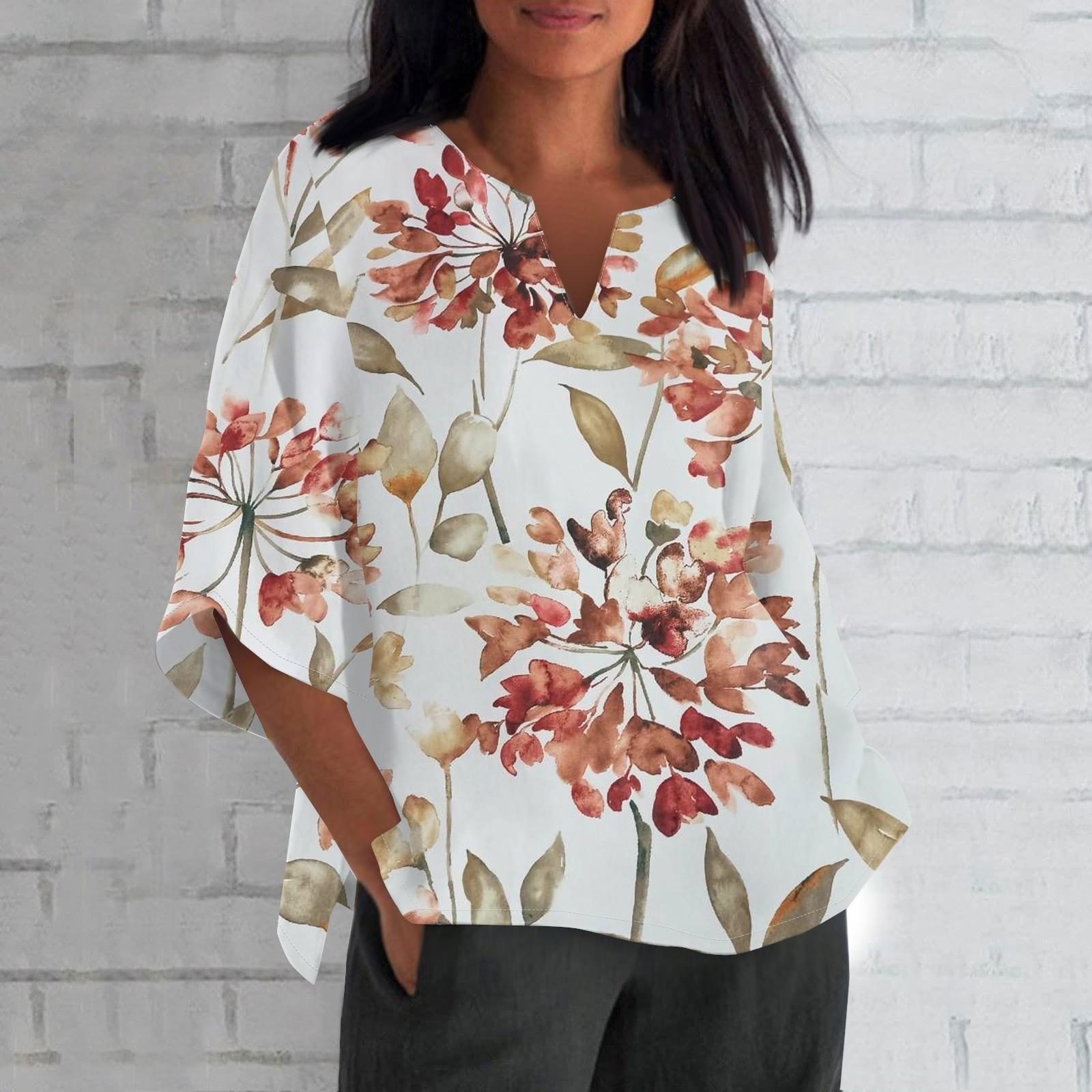 

Женская мода с v-образным вырезом и цветочным принтом, свободная повседневная футболка с коротким рукавом, топ XL арбуз красный