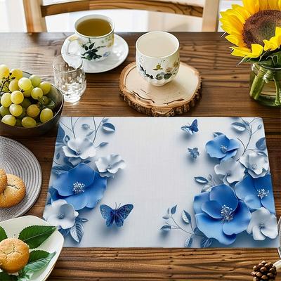 Set de 4 sets de table pour table à manger, Sets de table tendance floraux bleus gaufrés pour la maison, Décoration saisonnière de fêtes, Sets de table lavables rustiques vintage