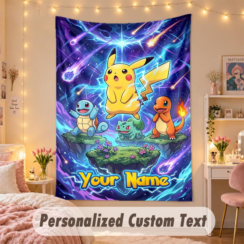 Custom Personalized Tapestry,Pokémon Print Custom Name Text Wall Art Hanging for Bedroom