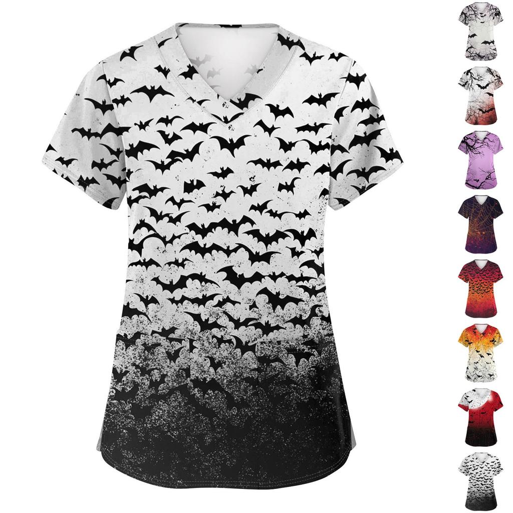 Women's Fashion V-neck Short-sleeved Work Uniform With Pockets, Halloween Print Top