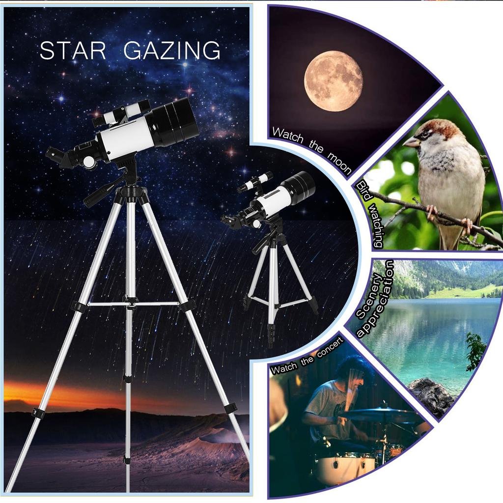 70mm Astronomical Telescope 150X High Power Monocular Telescope Refractor Spotting Scope with 5*24 Finder Scope Tripod Moon Filter 3X Barlow Lens for