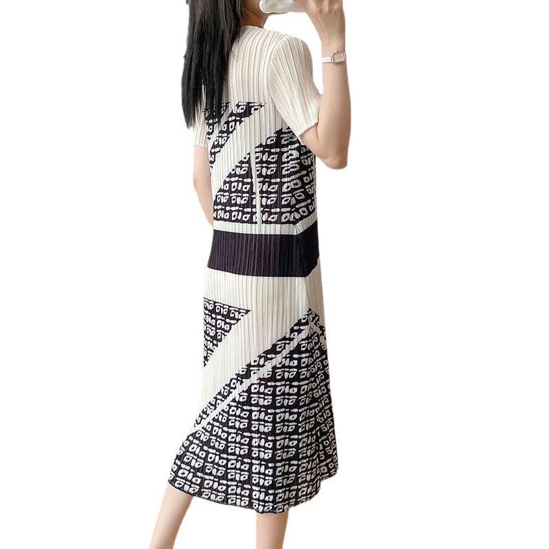 High End Pleated Retro Dress, Mid Length Style Elegant Printed Skirt