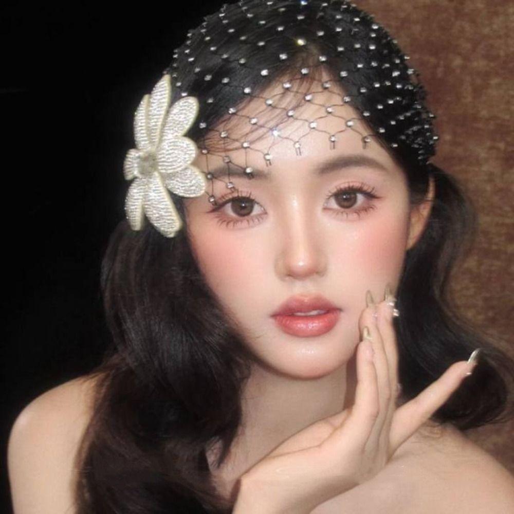 Black Bridal Veils Flower Wedding Headwear French Style Bride Head Net  Hair Jewelry