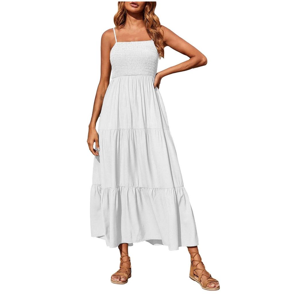 Strapless Dress For Women Solid Color Summer Beach Boho Smocked Tube Top Straps Swing Dress