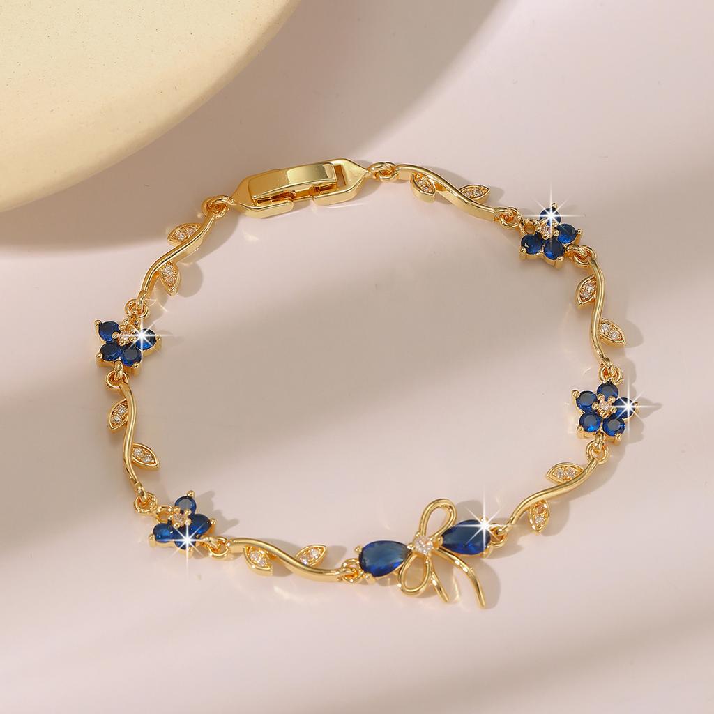 Luxury Gold-Plated Copper Zircon Leaf Bracelet, High Quality Jewelry