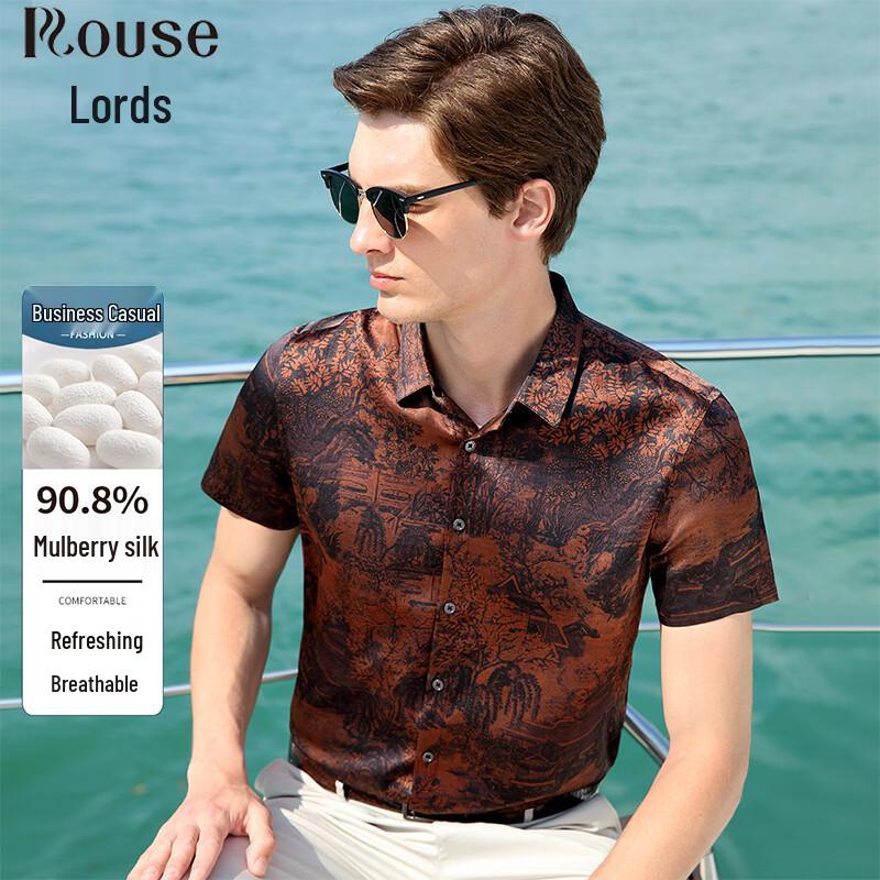 Men s Luxury Silk Blend Printed Short Sleeve Shirt M/48