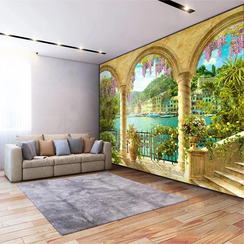 Fototapet 3D Pillar Arch Vedere la lac Tapet de clădire Camera de zi Studiu Decor creativ Pictură murală Fresco 3D