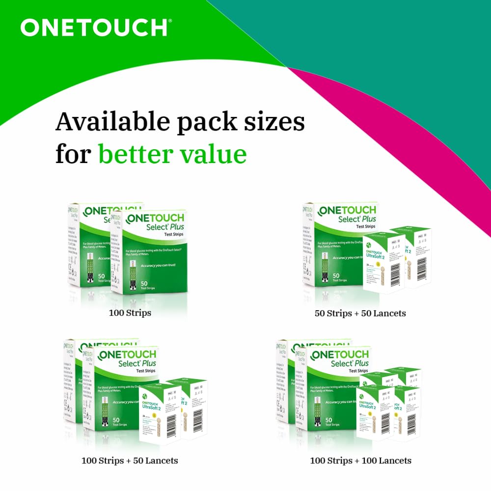 OneTouch Select Plus Blood Sugar Test Strips, 100 Strips with 100 OneTouch Ultrasoft 2 Lancets, Use with OneTouch Select Plus Simple Glucometer