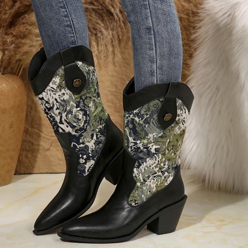 Pointed toe thick heel medium heel embroidered pattern low boots western cowboy knight boots women's large size leather boots