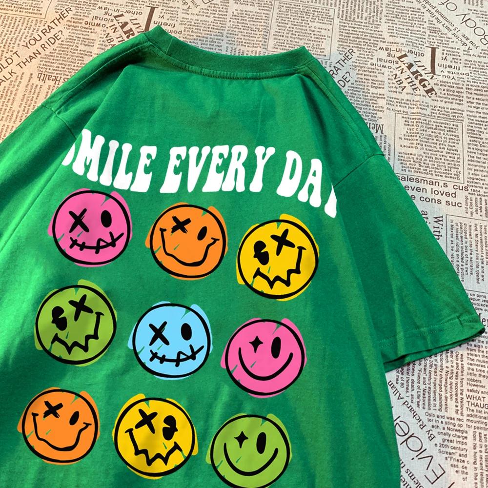 Smile Every Day 9 Different Colored Emoticons Men T-Shirt Hip Hop Oversize T Shirts Vintage Tops Cotton Crewneck T Shirts