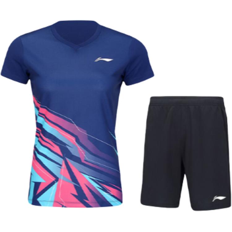 Li-Ning Gradient V-Neck Comfortable Short Sleeve Drawstring Elastic Waist Quick-Dry Shorts Casual Set Women sets Deep-Purple Blue AATV014-3