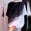 Women's Plus Size Summer Lace Patchwork Contrast Color Short-Sleeve T-Shirt Loose-Fit Slimming Round Neck Pullover Top