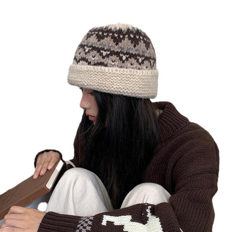 Handmade Ethnic Style Jacquard Knitted Pot Hat Women's Autumn and Winter Versatile Warm Face Small Curling Thickened Wool Bucket Hat