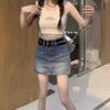 Spicy Girl High Waist Retro Slit Denim Skirt with Double Belt - Women's Summer A-line Mini Skirt