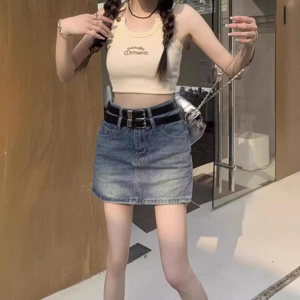 Spicy Girl High Waist Retro Slit Denim Skirt with Double Belt - Women's Summer A-line Mini Skirt