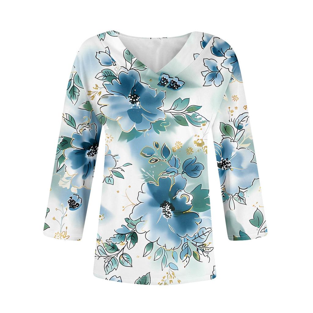 Women's 3/4 Sleeve Shirts V Neck Print Tops Casual Tops Basic Tees Blouse Loose Tops