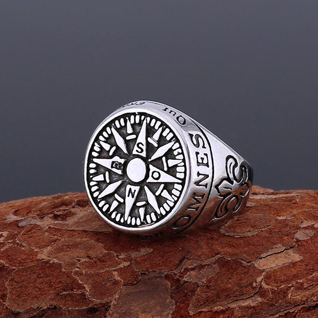 Stainless Steel Vikings Compass Iris Flower Ring Men Women Fashion Handmade Quality Finger Jewelry Gift for Boyfriend