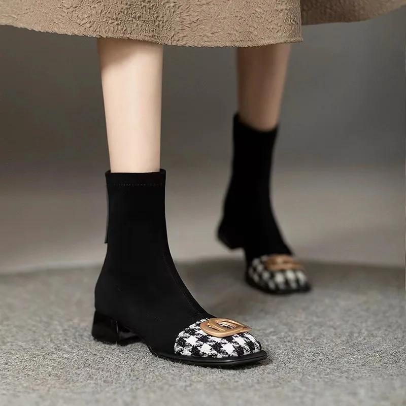 Fashion Women Mid Heels Chelsea Boots Chunky Suede Ankle Shoes Winter 2024 Fashion New Zipper Boots Pumps Walking Punk Warm Sock Botas