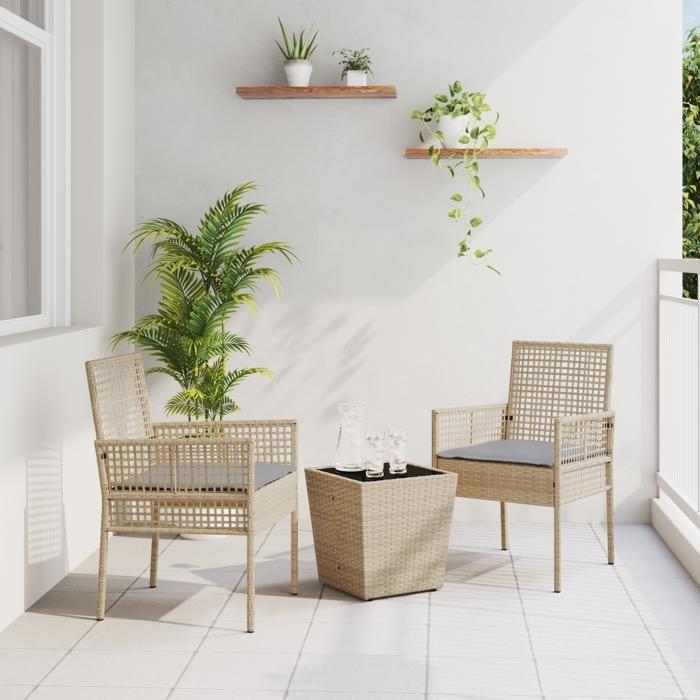 Ensemble de Bistro de Jardin 3 Pièces avec Coussins Beige en Poly Rattan 3334958