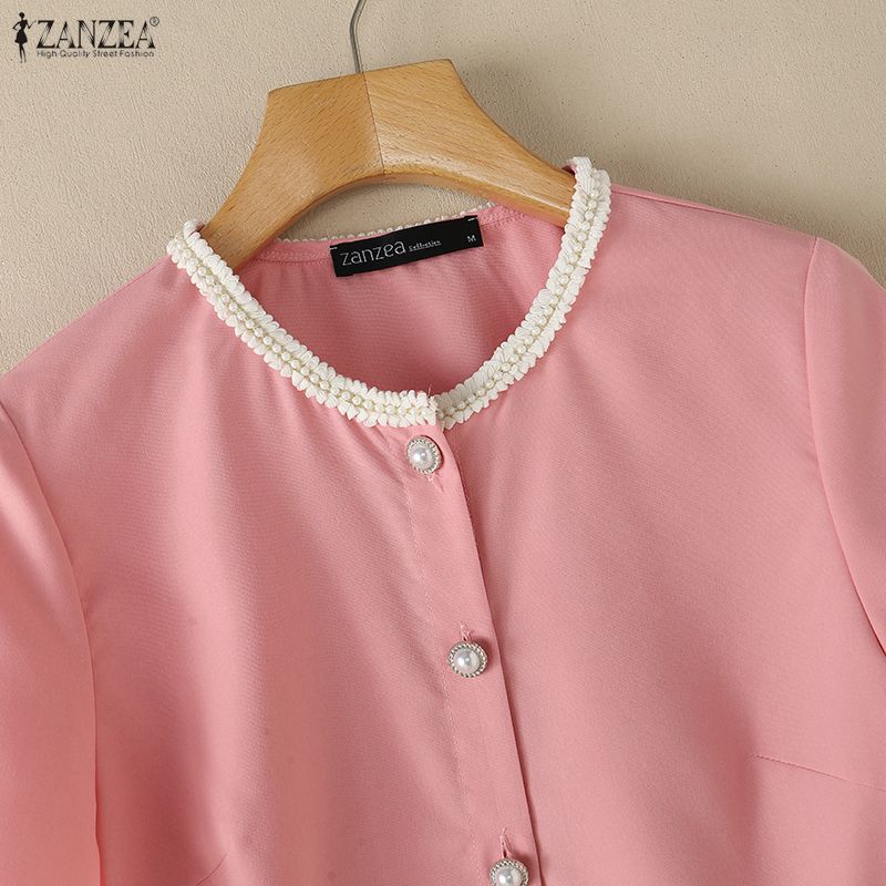 ZANZEA Women Casual Round Neck Splice Loose Short Sleeve Blouse Summer