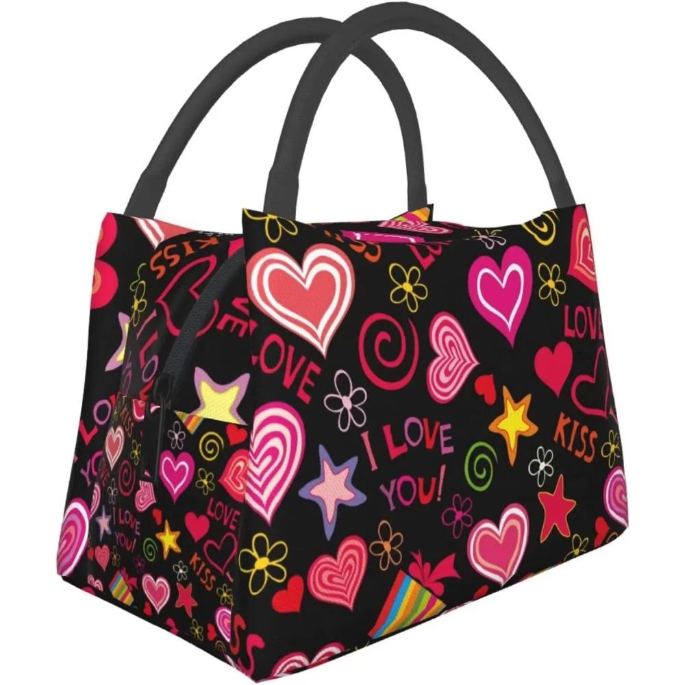 Red Heart Pattern Valentine's Day Lunch Bag Portable Reusable Insulated Lunch Box for Women Men Tote Bag for Work Travel Picnic